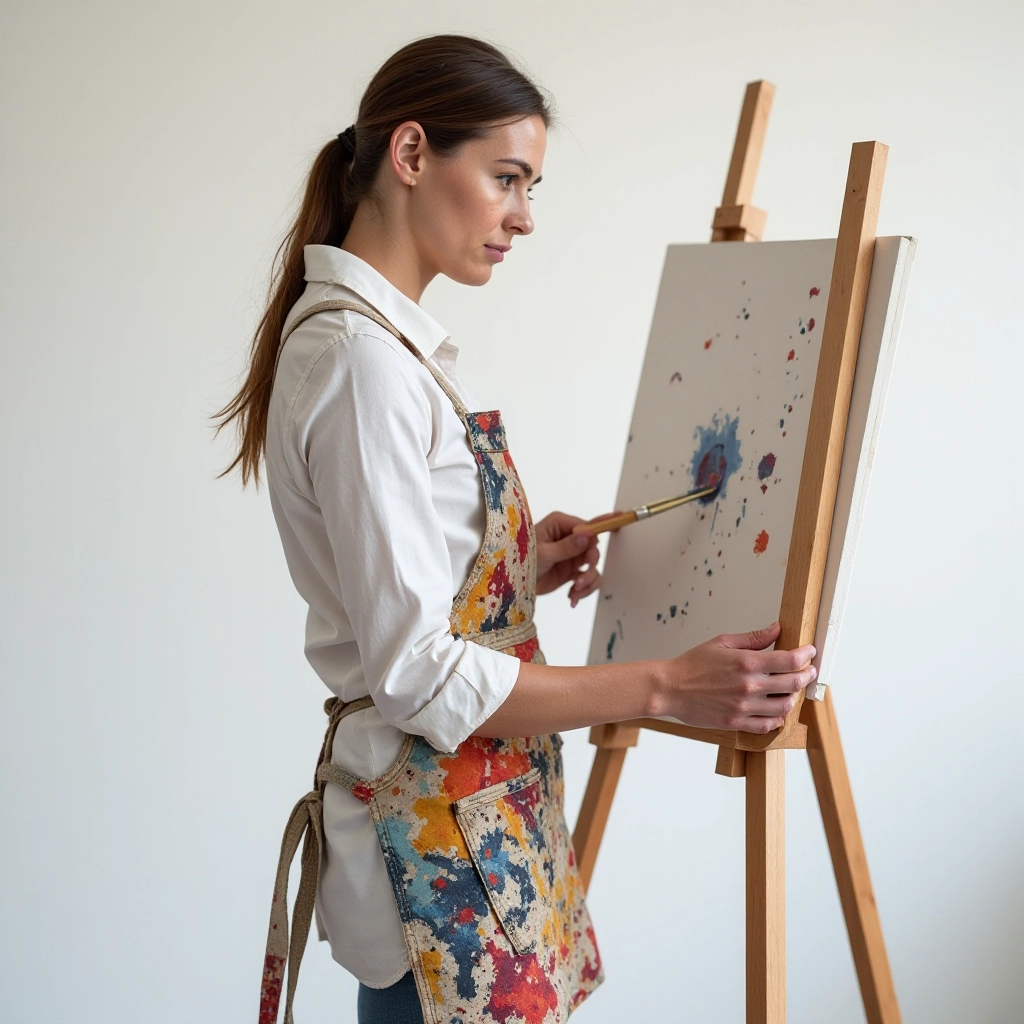 Artist hand adjusting height mechanism on wooden studio easel during studio work session