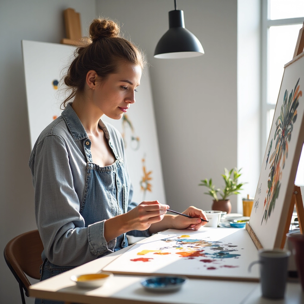Artist working with acrylic paint on stretched canvas in bright studio workspace with natural lighting