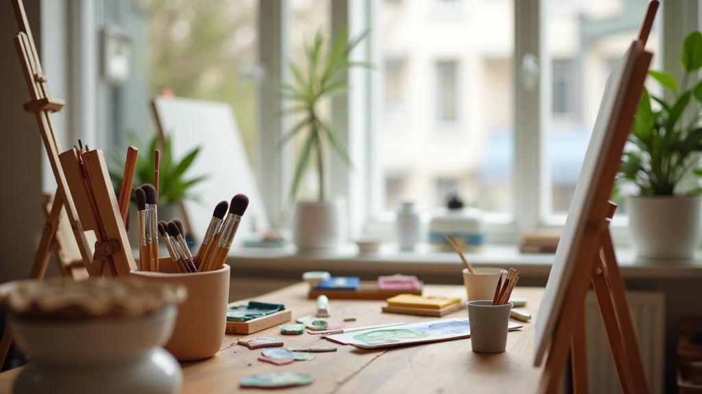 Professional artist workspace with paintbrushes, palettes, and canvas setup