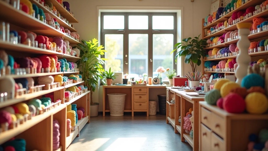 Craft supply store with colorful materials displayed on shelves