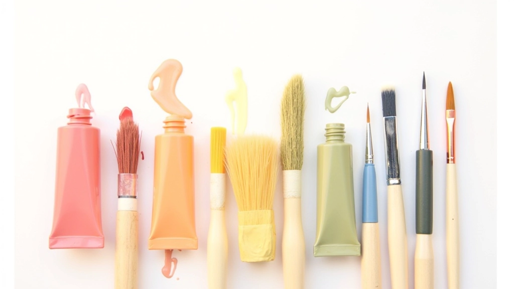 Vibrant collection of acrylic paint tubes and brushes arranged on neutral background