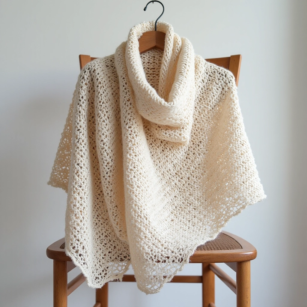 Knitted lace shawl in merino wool showing intricate stitch patterns and beautiful drape on wooden chair with soft natural window light