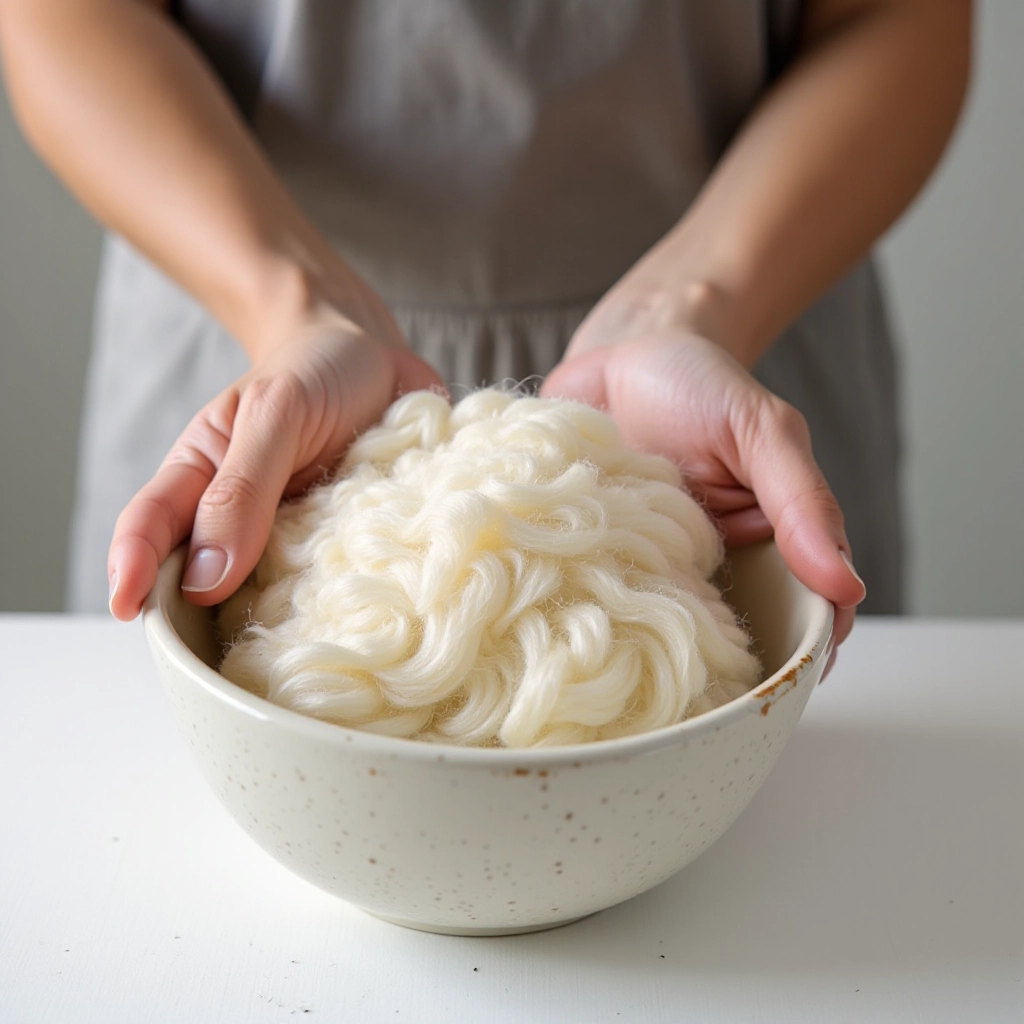 Hands gently washing merino wool garment in cool water with soft soap in ceramic bowl with soft natural lighting