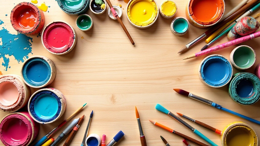 Colorful art supplies arranged on a wooden table
