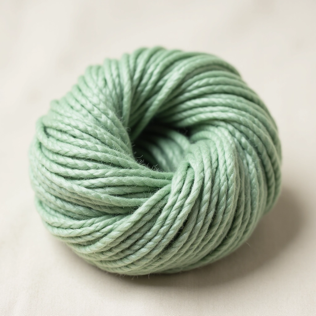 Sage green merino wool yarn skein coiled on neutral beige linen with natural studio lighting