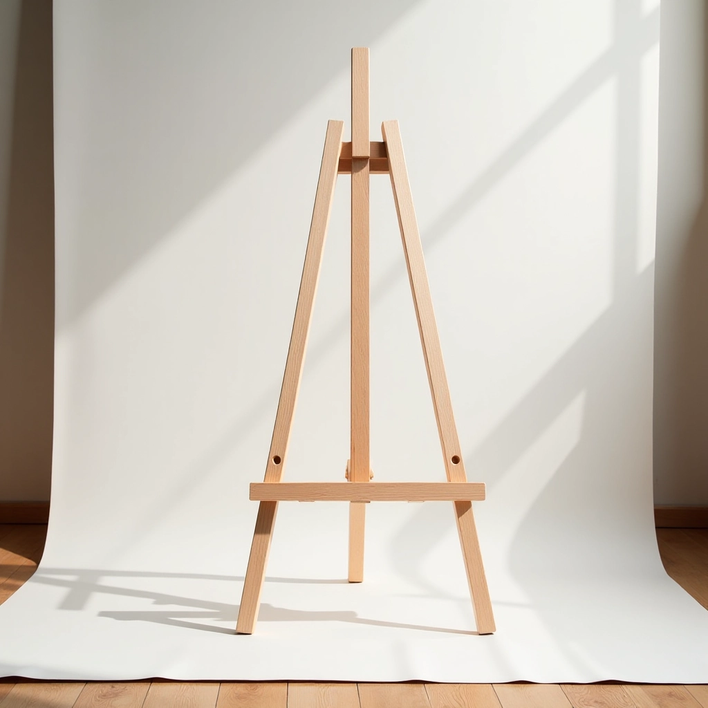 Wooden studio easel base showing three-legged design and rubber feet positioned on studio floor