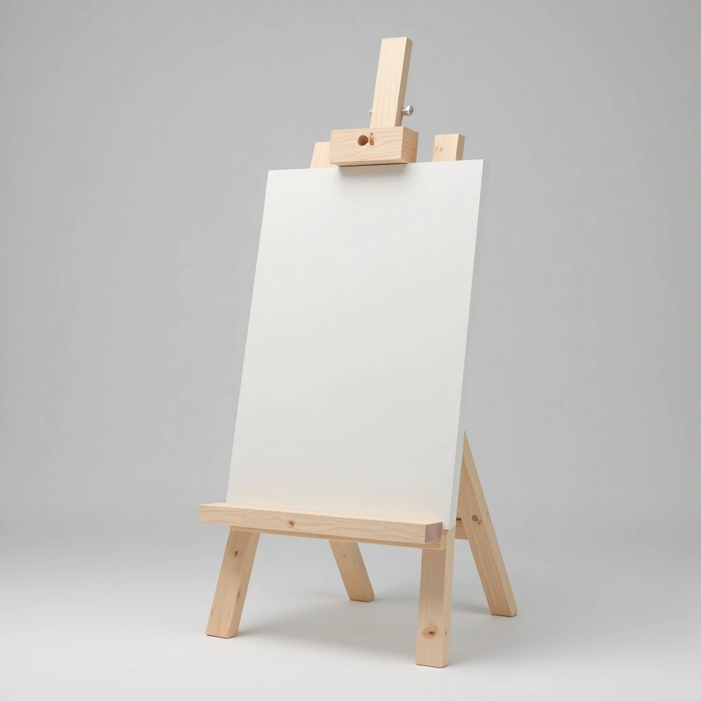 Natural beech wooden studio easel fully assembled at three-quarter angle showing structure and canvas holder